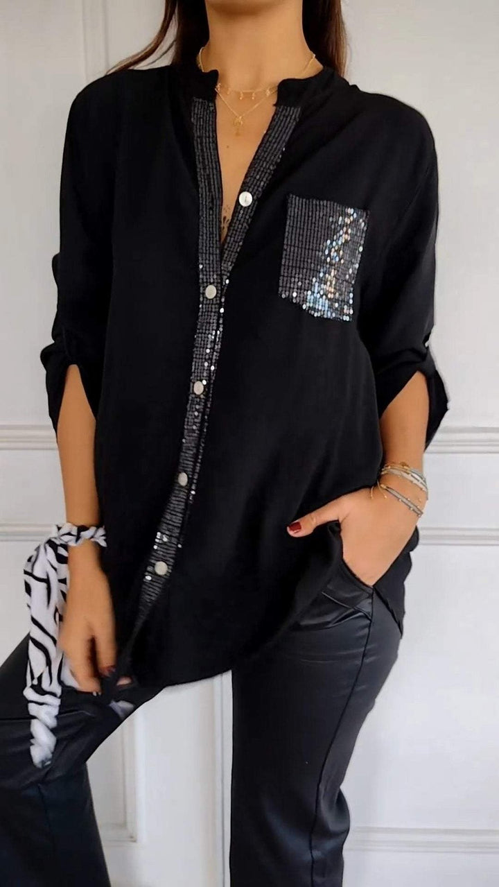 Alandria™ | V-Neck Sequin Mid-Sleeve Casual Top