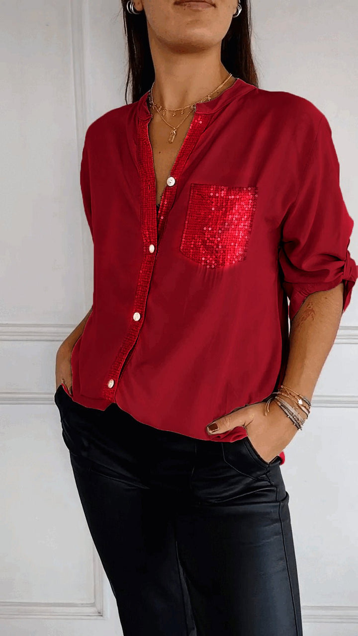 Alandria™ | V-Neck Sequin Mid-Sleeve Casual Top
