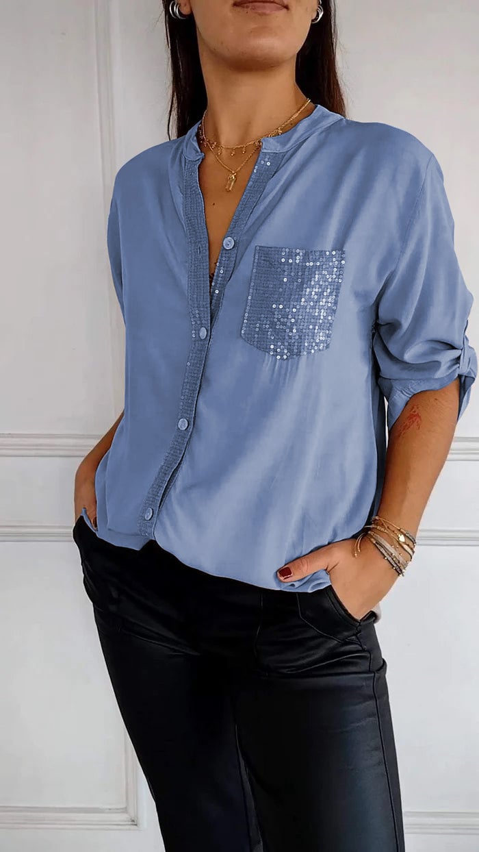 Alandria™ | V-Neck Sequin Mid-Sleeve Casual Top