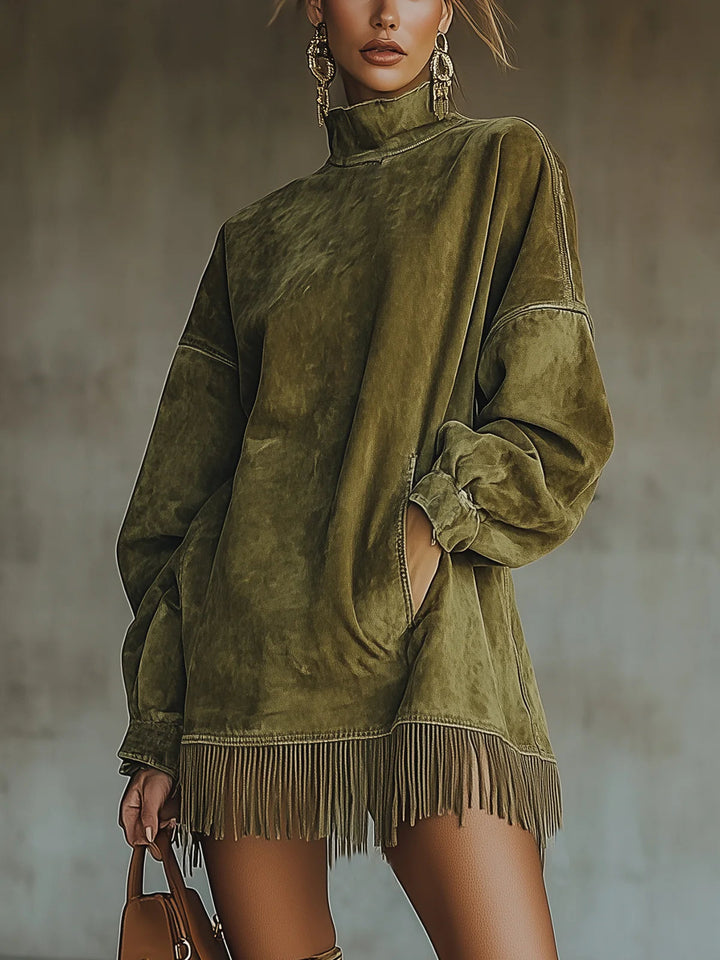 Faux™ | Suede Turtleneck Dress With Fringe Hem
